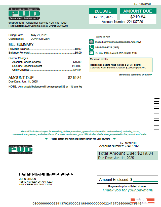 USA Snohomish County PUD utility bill template in Word and PDF formats